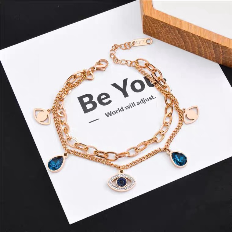 Vòng Đeo Tay Hai Lớp Bằng Thép Titan Mạ Vàng Hồng 18K / Vàng Hồng / Bạc Thiết Kế Hình Mắt Quỷ Độc Đáo Phong Cách Âu Mỹ Sang Trọng