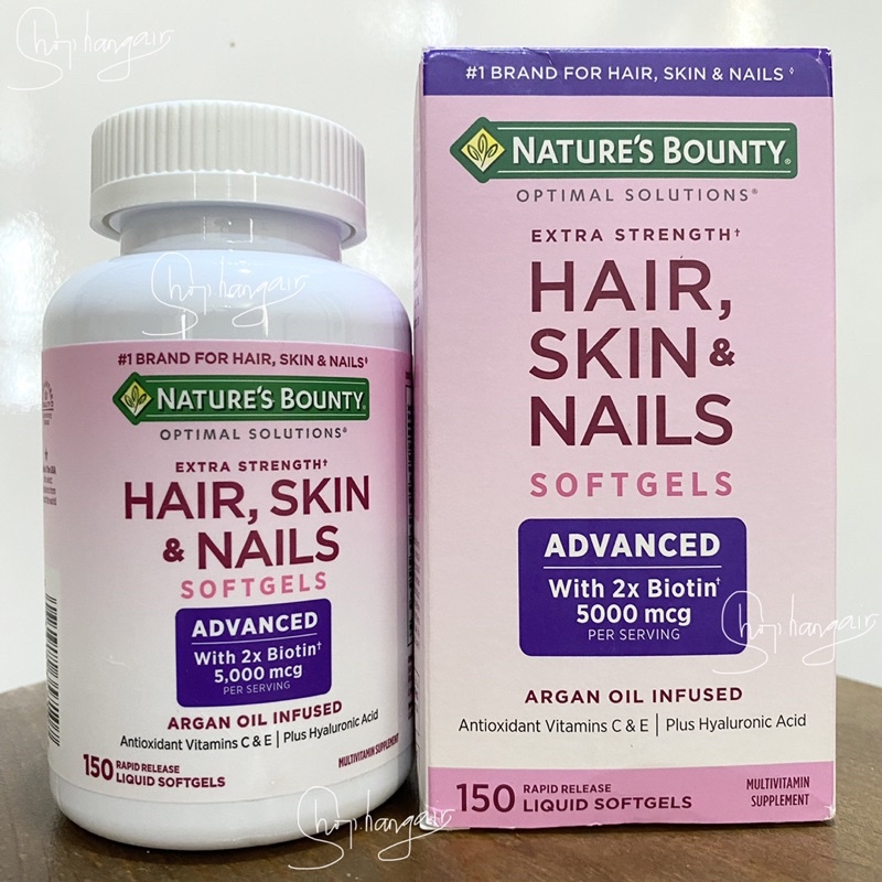 Viên mọc tóc, giảm rụng, chắc khoẻ móng Nature's Bounty biotin hair skin  nails 150v mẫu