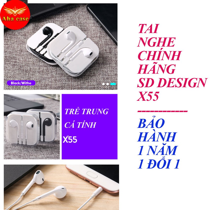 Tai nghe nhét tai jack cắm 3.5mm X55 SD Design chính hãng cao cấp dành cho iPhone, samsung, oppo,chống ồn, nghe gọi tốt