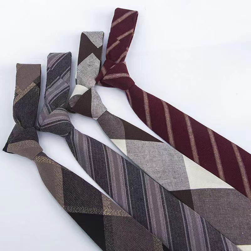 Cà Vạt Cotton Lanh 7cm Kẻ Sọc Vàng Kiểu Retro Anh Cá Tính Cho Nam