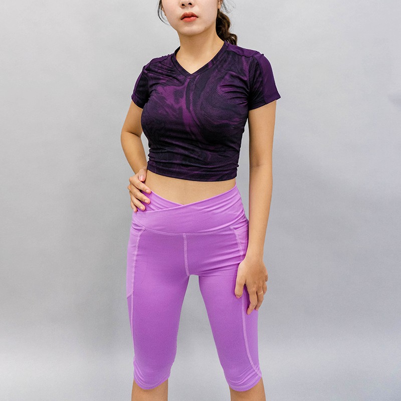 Set Quần Biker Lửng + Áo Croptop Phối Lưới Vai Tập Yoga Aerobic Chạy Bộ Co Giãn Tốt, Tôn Dáng CH040