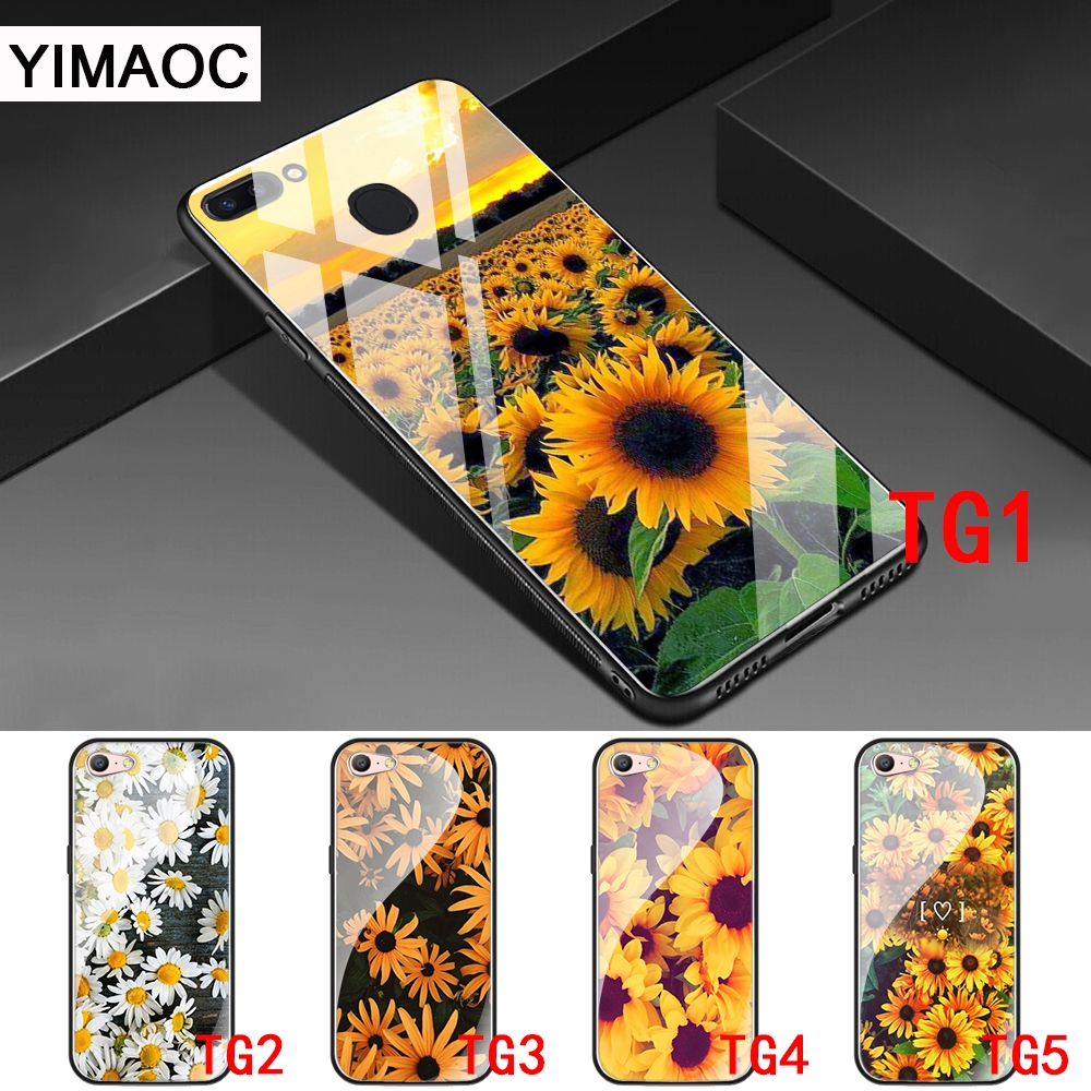 Ốp điện thoại mặt kính hình hoa hướng dương dành cho OPPO A37 A3S A5 A39 A7 A5S A77 F5 F9 F11 Pro