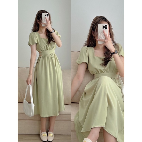 Đầm váy midi khoét eo cổ vuông tay bồng siêu xinh