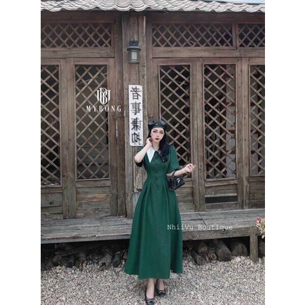 (Sale FreeShip) Mẫu mới hottren đầm nữ dáng xòe cổ phối màu cực xinh,tone xanh mặc trắng da,chất đẹp