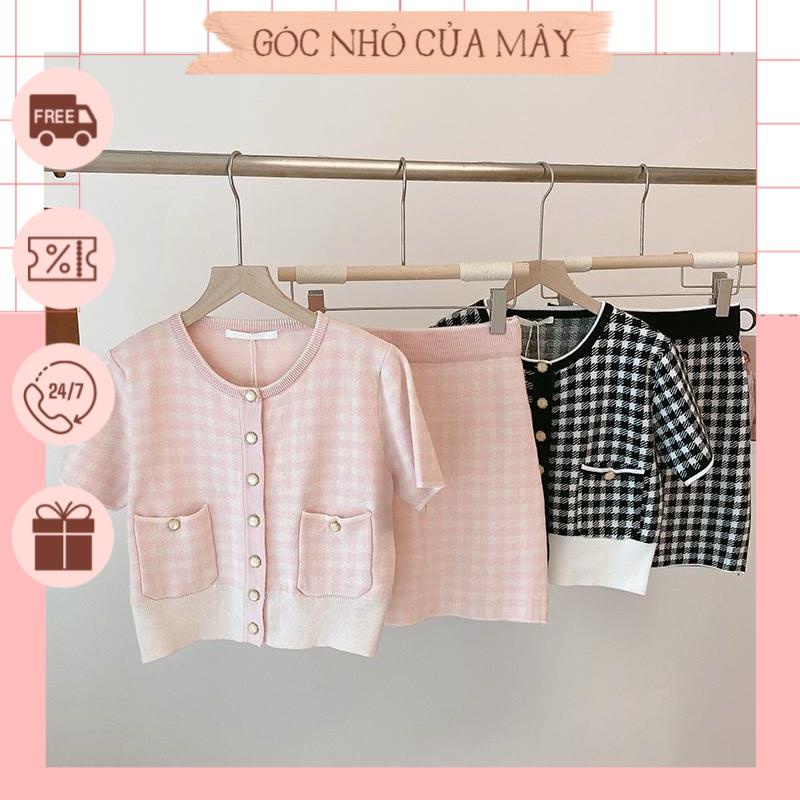 (HÀNG ORDER) Set áo len cộc tay và chân váy ngắn kẻ caro phong cách Hàn Quốc GNCM2