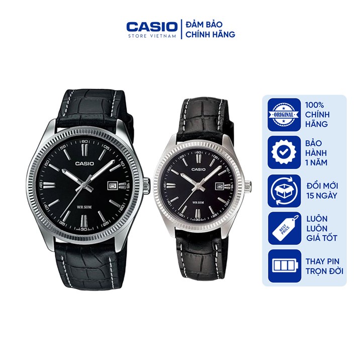 Đồng hồ Đôi nam nữ Casio MTP/LTP 1302L, đồng hồ chính hãng, dây da đen mặt kính khoáng