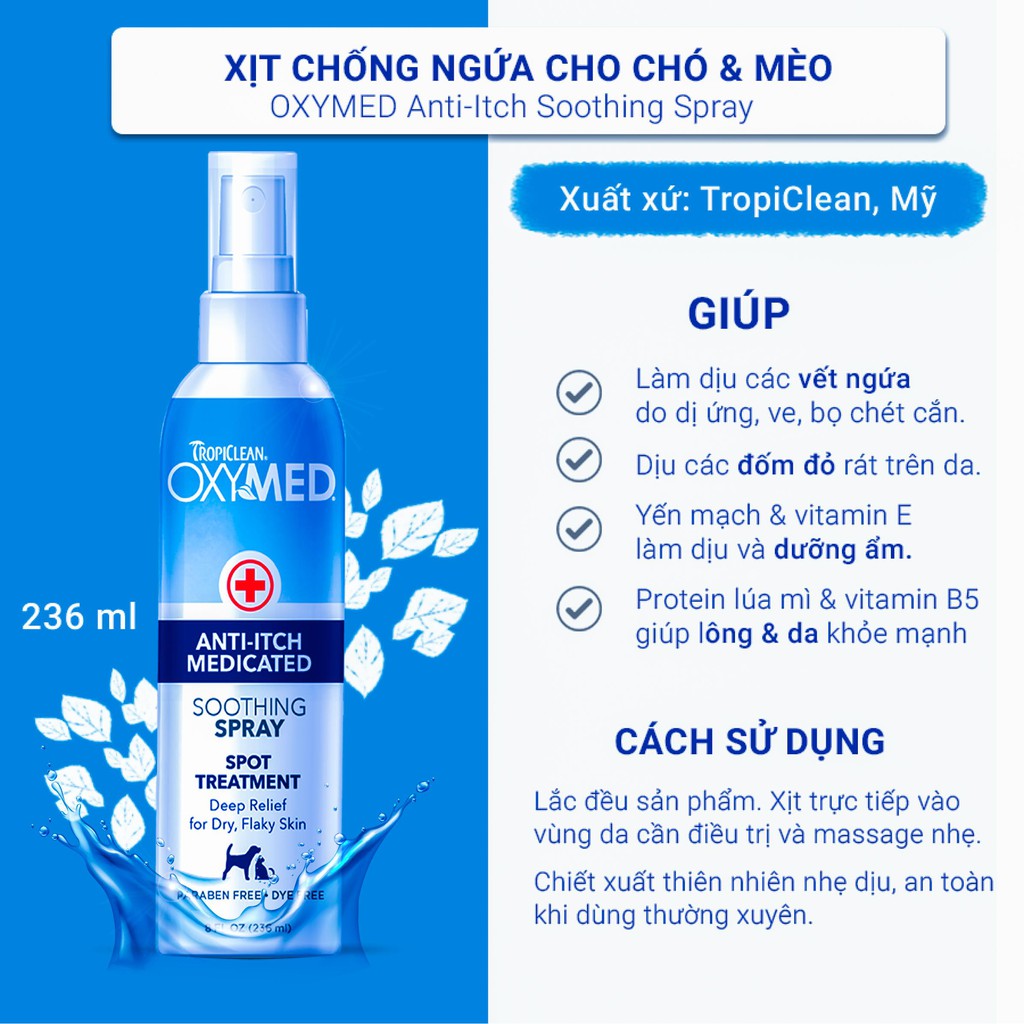 XỊT GIẢM NGỨA NHANH CHO CHÓ MÈO BỊ #VIÊM #DỊ ỨNG HOẶC DO VE BỌ CHÉT #CẮN - 236ml