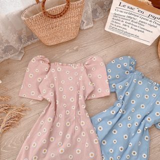 ĐẦM HOA CÚC CỔ VUÔNG XẾP LY