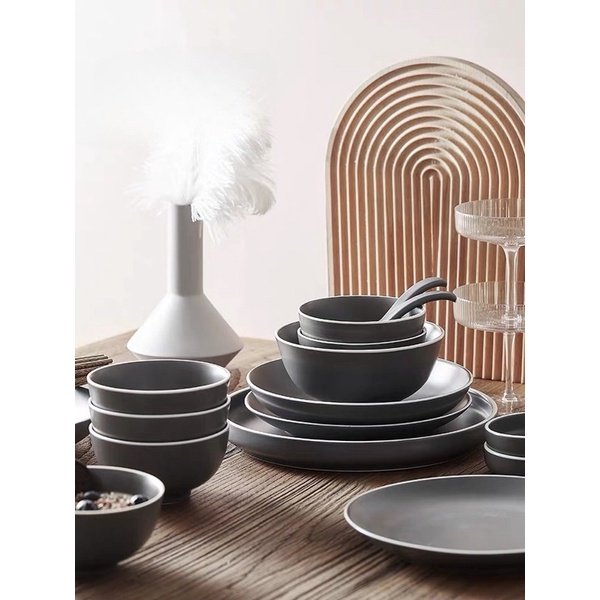Bộ bát đĩa xám men mờ viền trắng phong cách Bắc Âu
