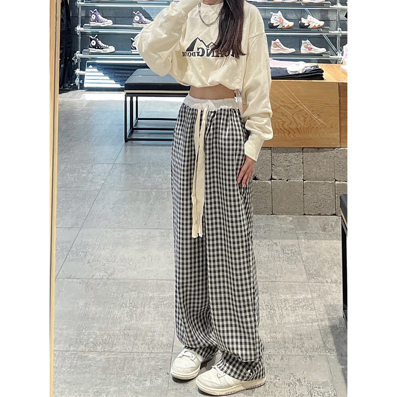 Thời Trang Quần Dài Ống Rộng Họa Tiết Caro Phong Cách retro