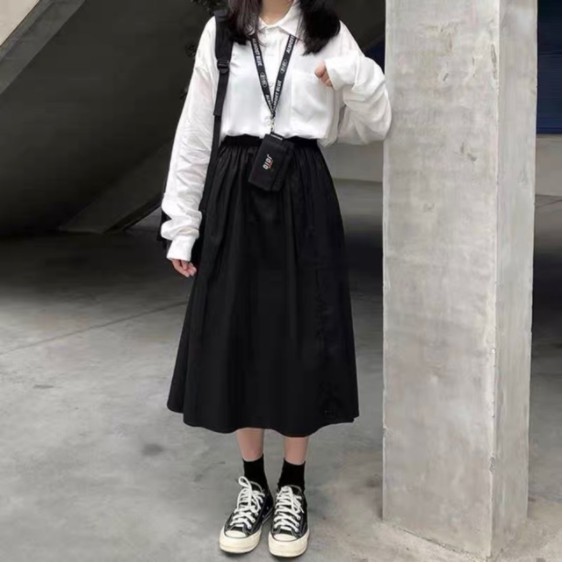 Chân váy dài dáng xòe ulzzang, chân váy đũi cạp chun phong cách Hàn Quốc | BigBuy360 - bigbuy360.vn