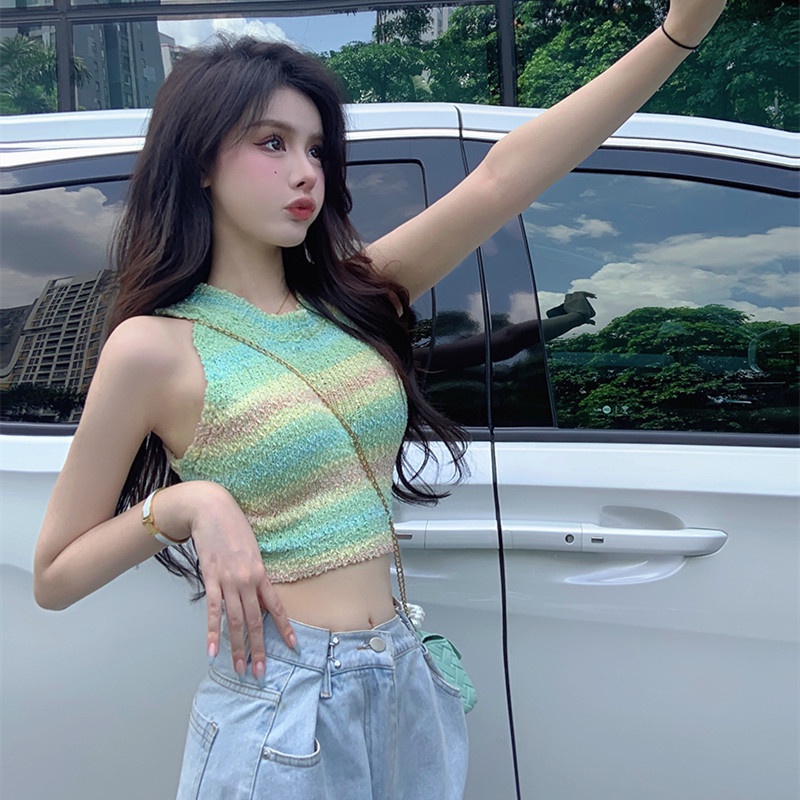 Áo Dệt Kim Sát Nách Kẻ Sọc Màu Cầu Vồng Thời Trang Cho Nữ