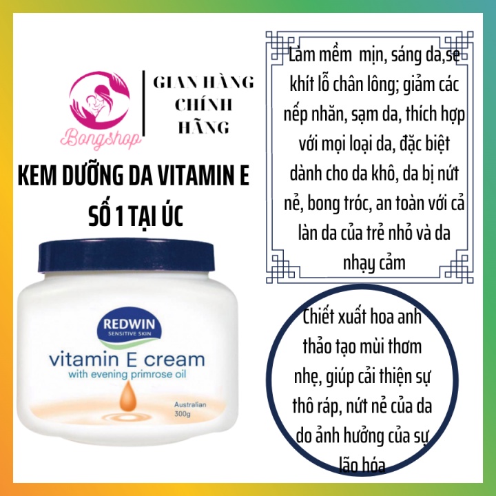 Kem dưỡng da (300g) vitamin E và tinh dầu hoa anh thảo giúp da mềm mịn, sáng bóng, căng mịn cho mọi lứa tuổi Redwin, Úc