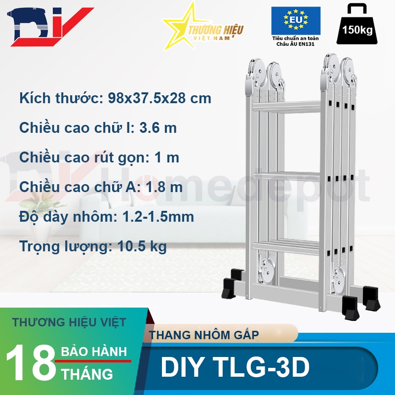 Thang nhôm gấp đoạn DIY TLG-3D chiều cao duỗi thẳng 3.6m, chữ A 1.8m, tải trọng 150kg