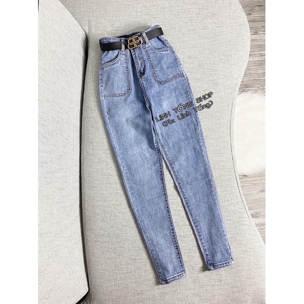 quần jean cạp cao túi ốp 2 màu đen - xanh