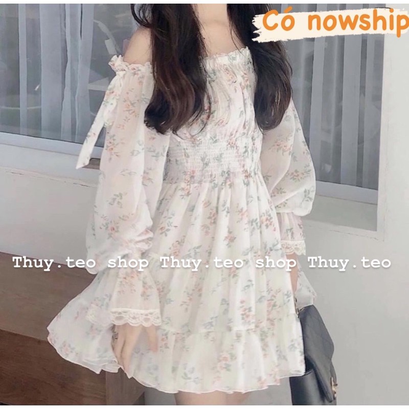 VÁY TRỄ VAI HOA NHÍ HOA XANH HAI LỚP BÈO NHÚN