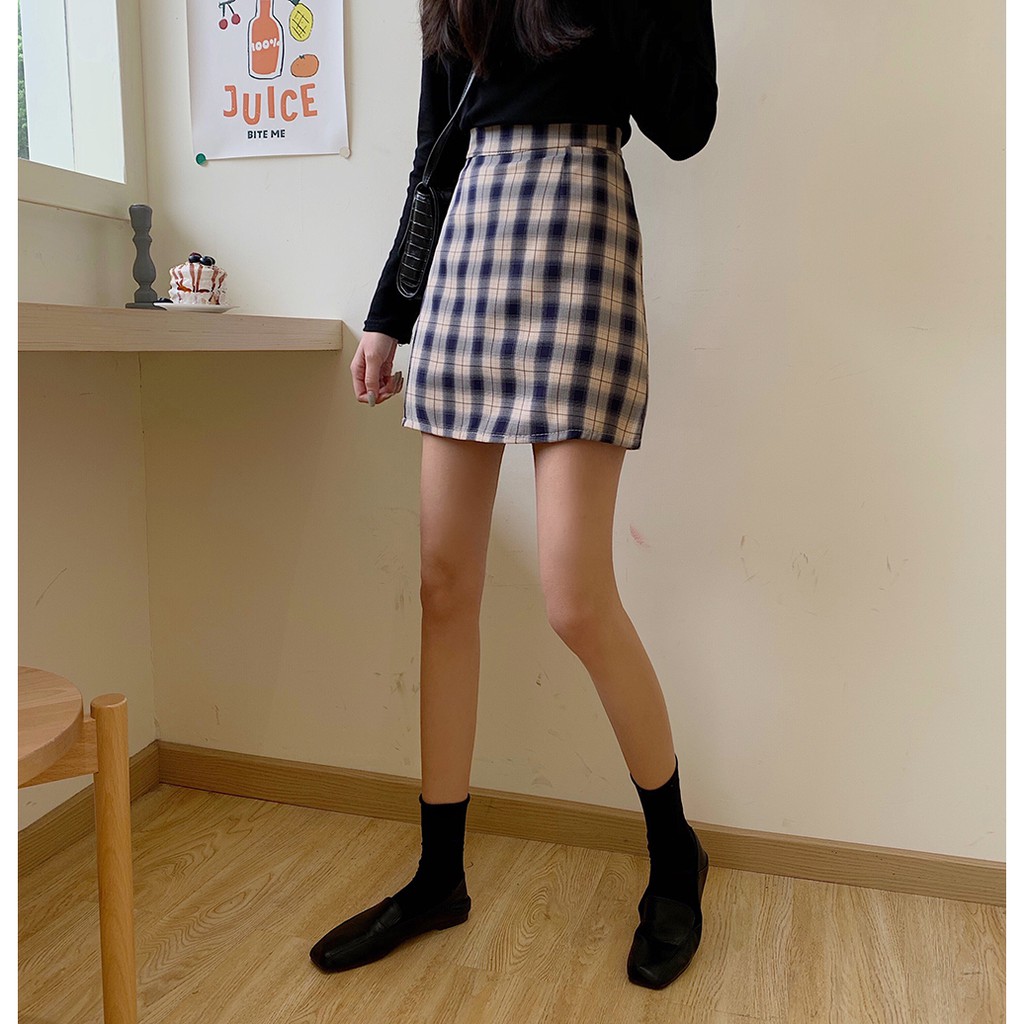 Chân váy ngắn Retro Dáng chữ A Kẻ sọc Caro Lưng cao Ulzzang Hàn Quốc Chân váy ngắn Cạp cao Thời trang | BigBuy360 - bigbuy360.vn