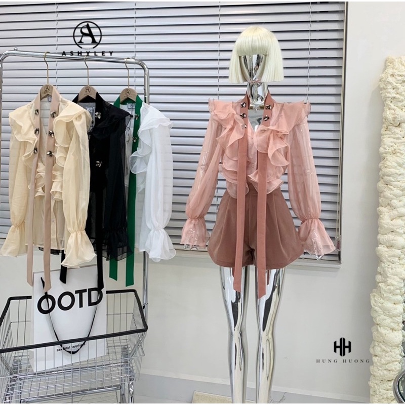 Set áo sơmi bèo đính đá + quần short ASHYLEY