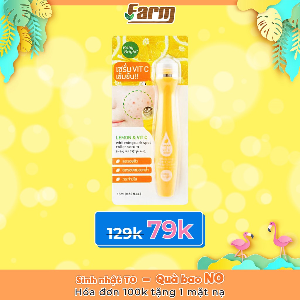 Cây lăn cải thiện thâm mụn Baby Bright Lemon & VitC Whitening Dark Spot Roller Serum 15ml + Tặng SRM Gạo 3W