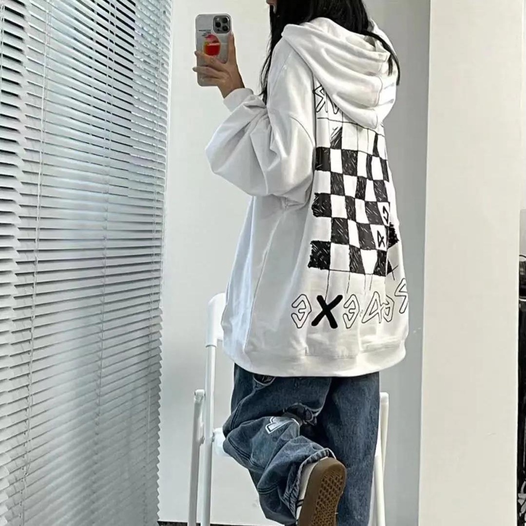 Checkerboard print hooded hoodie women's loose Korean style 2022 spring new versatile personalized long sleeve hoodie ins fashion j1QC