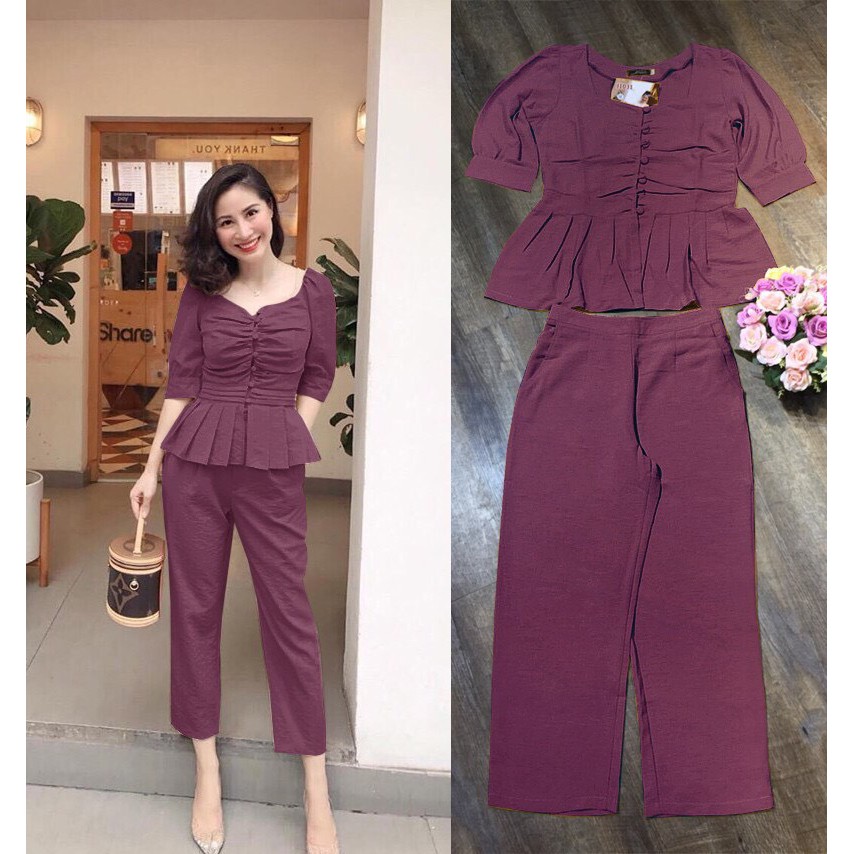 Set Trang Phục FREESHIP Set nguyên bộ áo peplum tà xếp ly phối nút bọc xinh xắn J1031