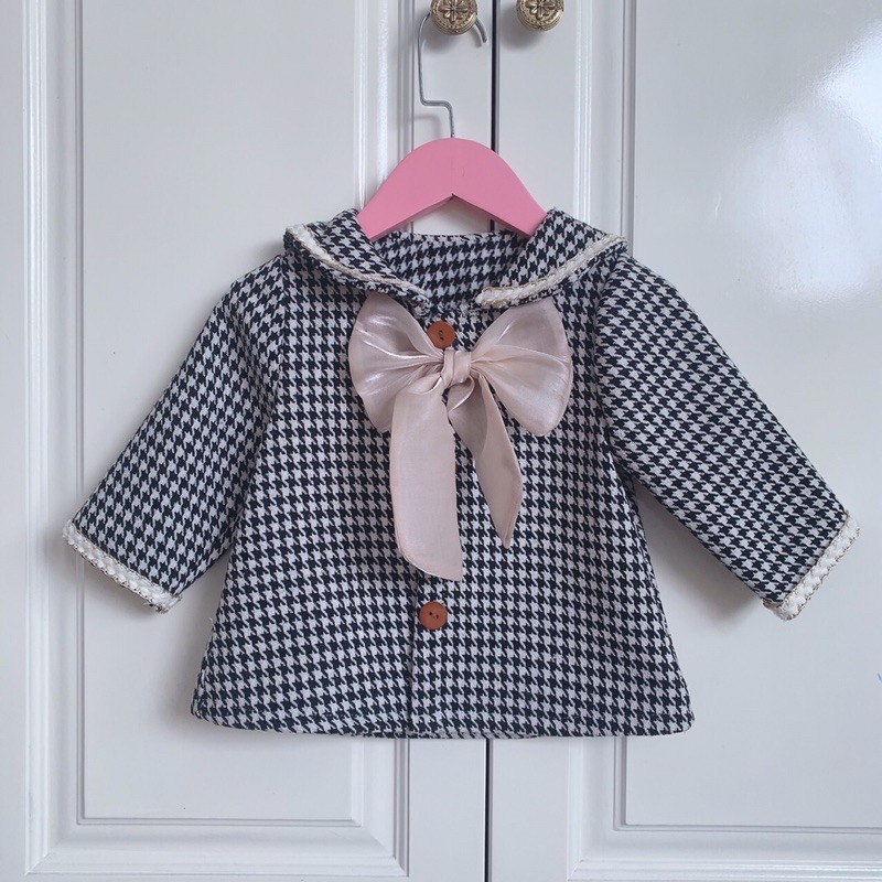 Áo váy khoác dạ cho bé gái từ 3 tháng tuổi (6-32kg) dạ kẻ thuỷ thủ dài ngang đùi có lót trong