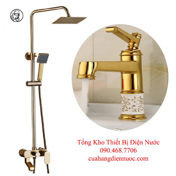 Combo bộ sen cây vàng ánh kim kèm vòi chậu lavabo đính đá cao cấp