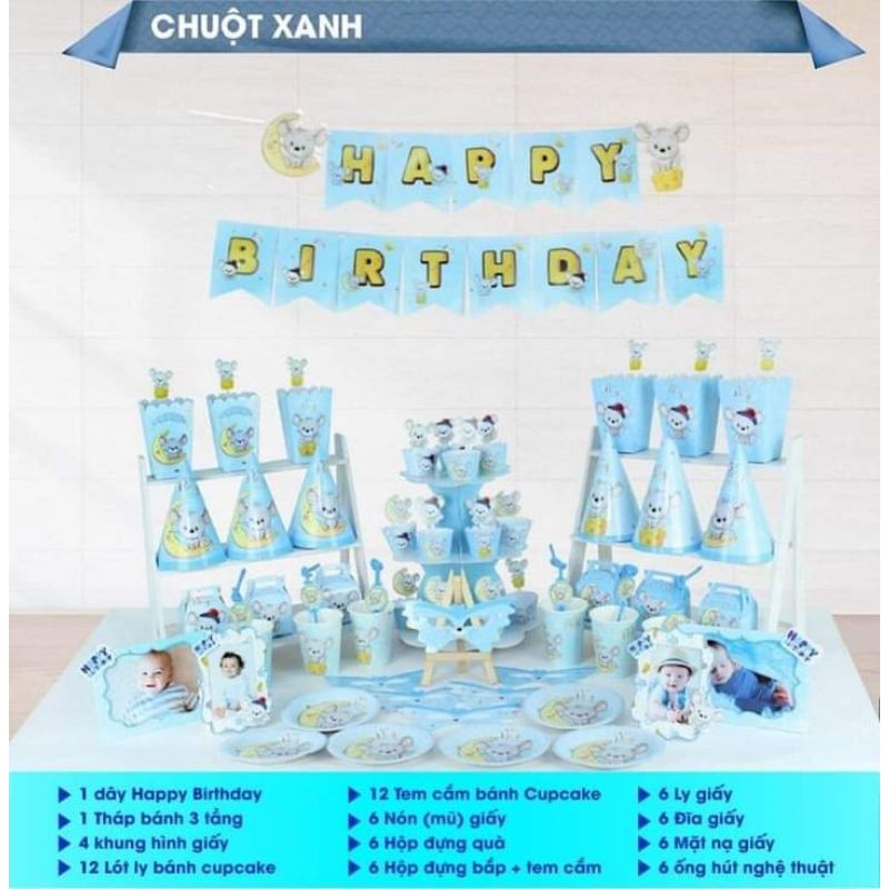 Set mega trang trí sinh nhật bé chuột xanh