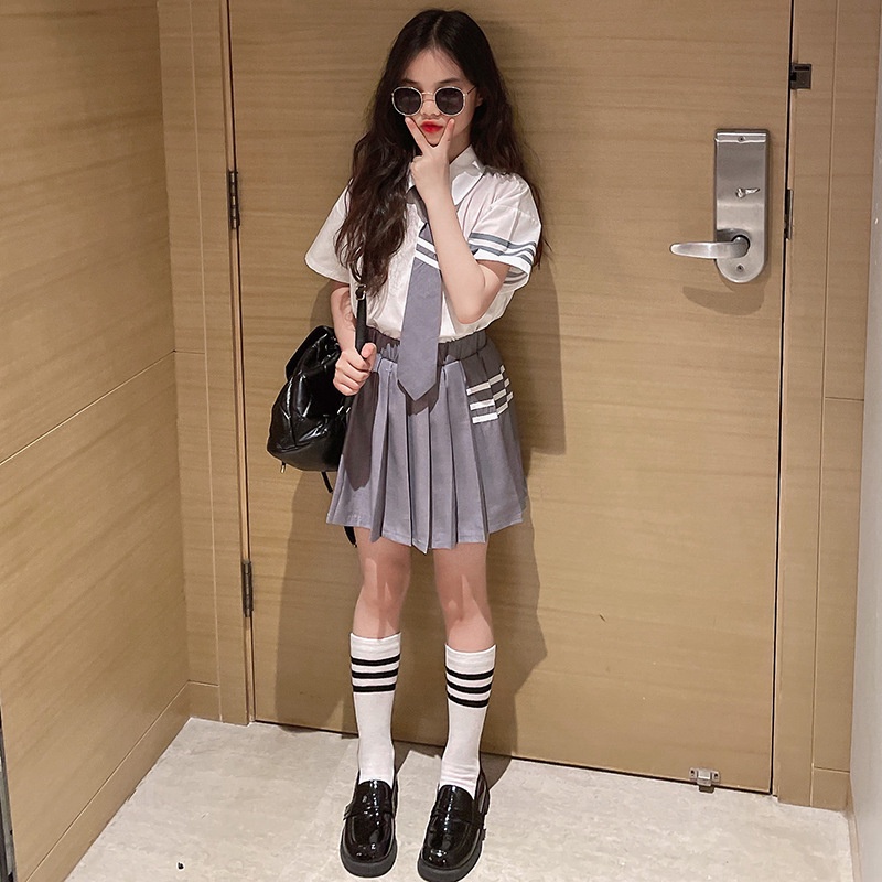 Set Áo Sơ Mi Và Chân Váy Xếp Ly Phong Cách Hàn Quốc Cho Bé Gái