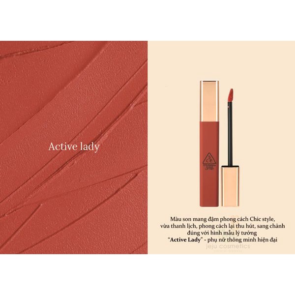 Son kem lì 3CE Cloud Lip Tint màu Active Lady hồng cam đất