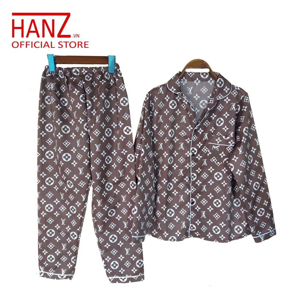 Bộ ngủ pijama lụa kate thái áo dài quần dài bộ mặc nhà mềm mại dễ thương H 1 Nâu L.V