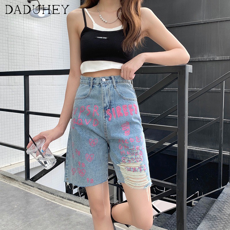 Quần Short Jean Rách Dáng Suông Ống Rộng Lưng Cao Tôn Dáng Thời Trang Xuân Hè Cho Nữ Dưới 100kg