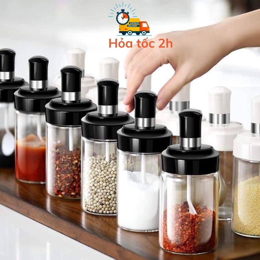Hủ đựng gia vị thủy tinh có thìa 250ml - set 6 lọ đựng gia vị nhà bếp kèm muỗng và nắp tiện lợi – Caroni