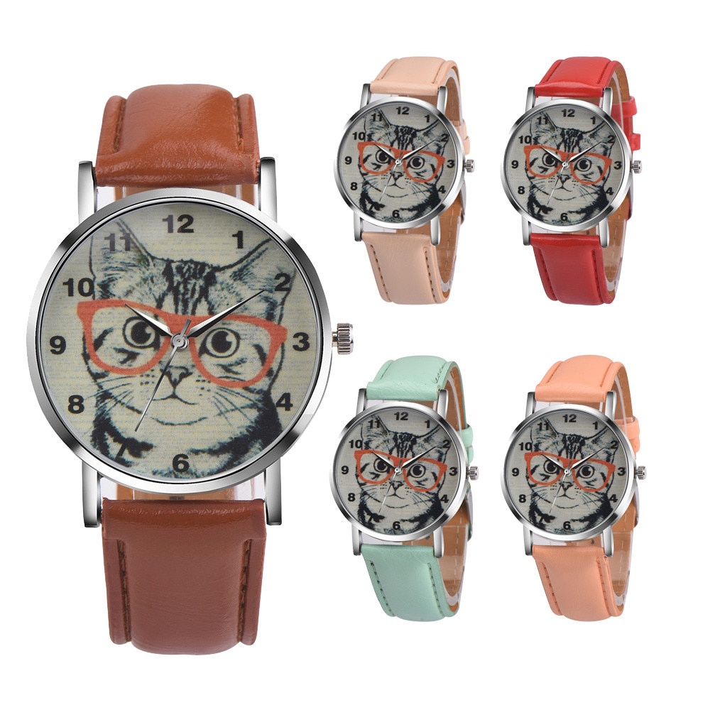 Đồng Hồ quartz Trang Trí Hình Con Mèo Với Dây Đeo Da 2021 montre