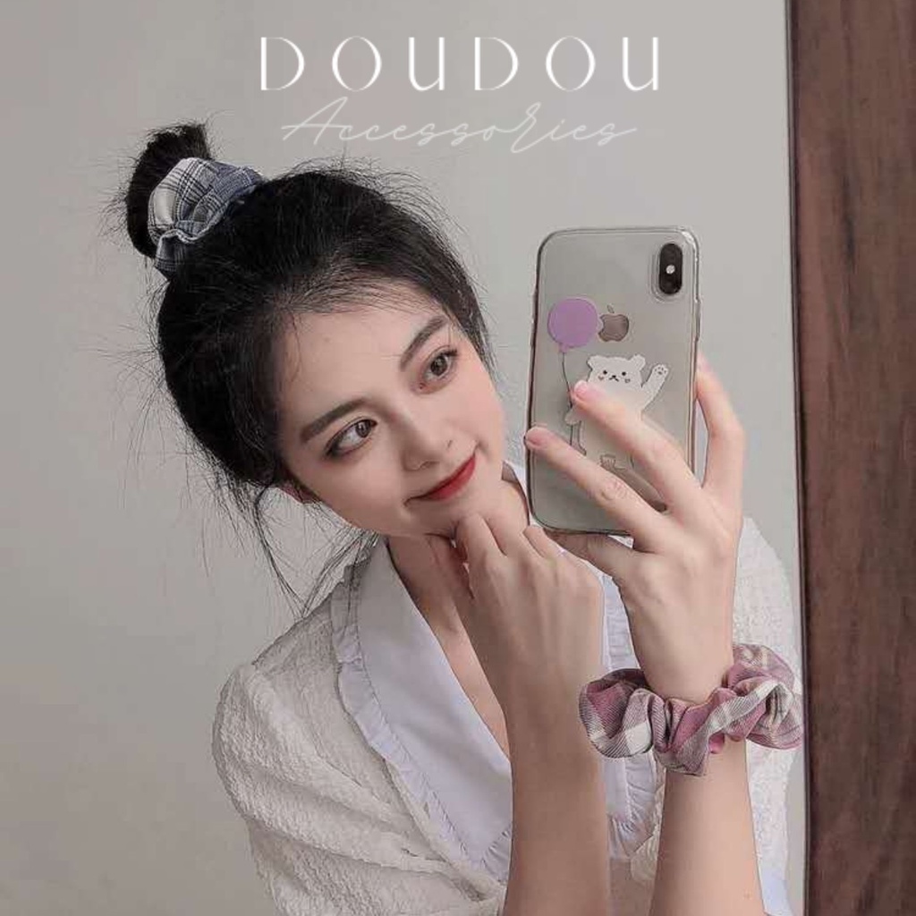 Dây buộc tóc Scrunchies Doudou Dây cột tóc vải hoạ tiết caro mix màu phong cách JK nữ sinh trung học thời trang FQ001