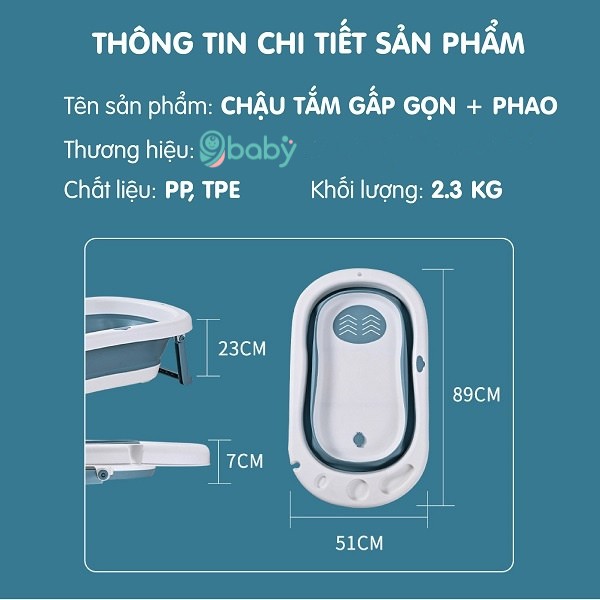 Free ship chậu tắm gấp gọn cho bé kèm phao tắm size lớn 9baby màu xanh than - ảnh sản phẩm 3