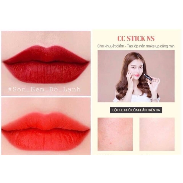 KEM NỀN CC STICK + SON THỎI ĐỎ TƯƠI + SON KEM ĐỎ LẠNH