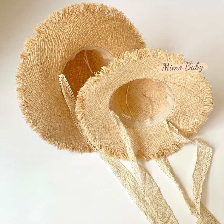 Mũ cói vành rộng đi biển thắt dây ren xinh xắn cho bé MH107 Mimo Baby