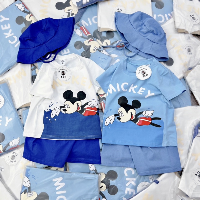 Bộ micky xanh trắng kèm mũ cho bé
