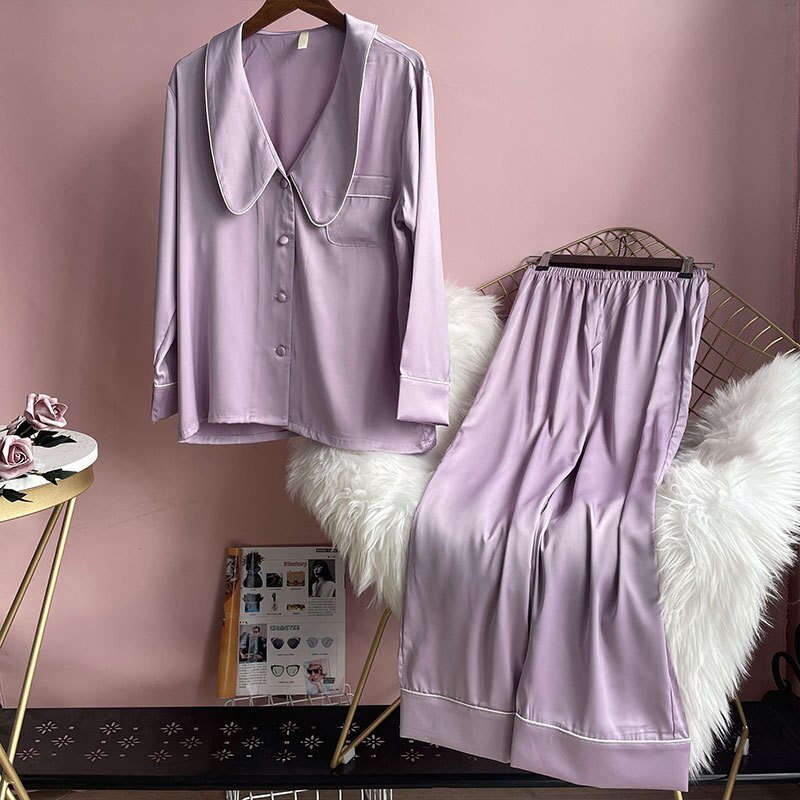 Bộ Đồ Ngủ Lụa Dài Tay Thời Trang Thanh Lịch Cho Nữ
