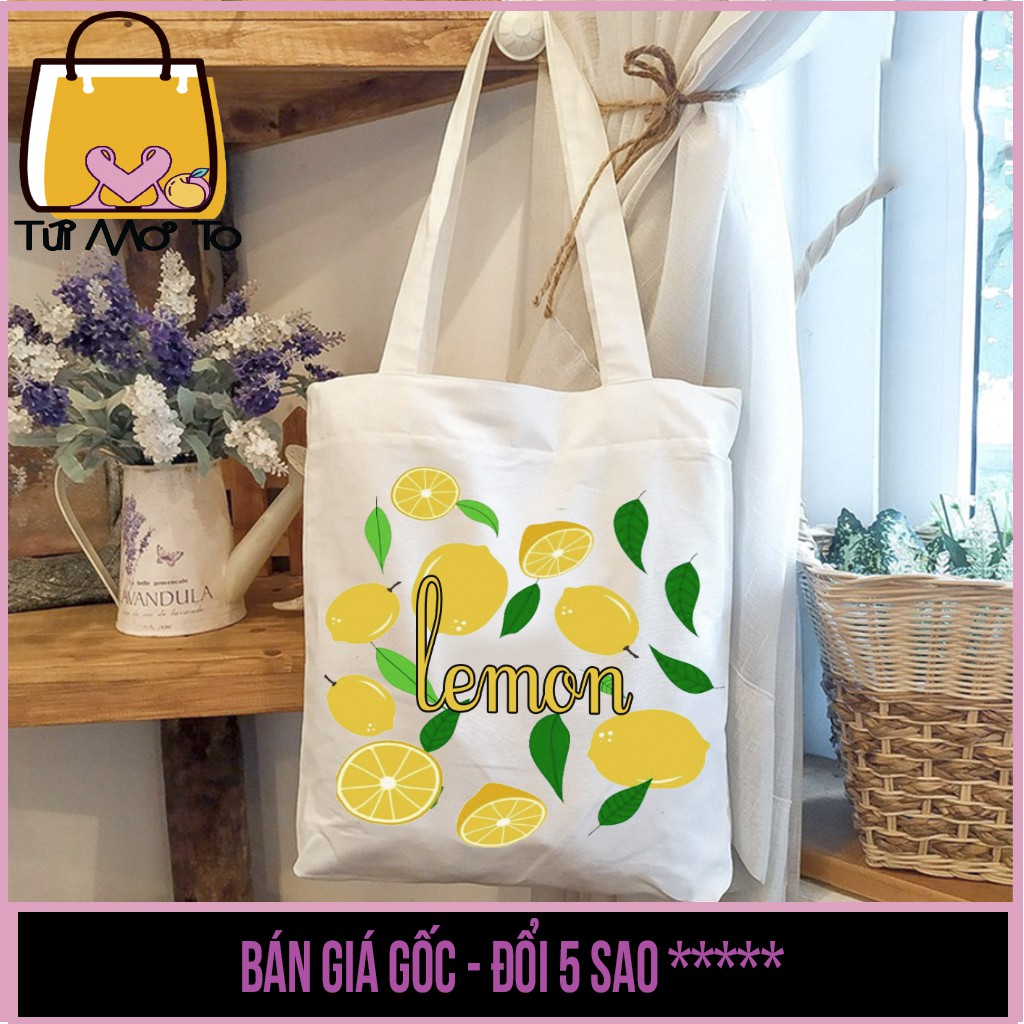 Túi tote, canvas có khóa kéo VUÔNG in hình các loại TRÁI CÂY xinh xắn - Túi Mơ To store