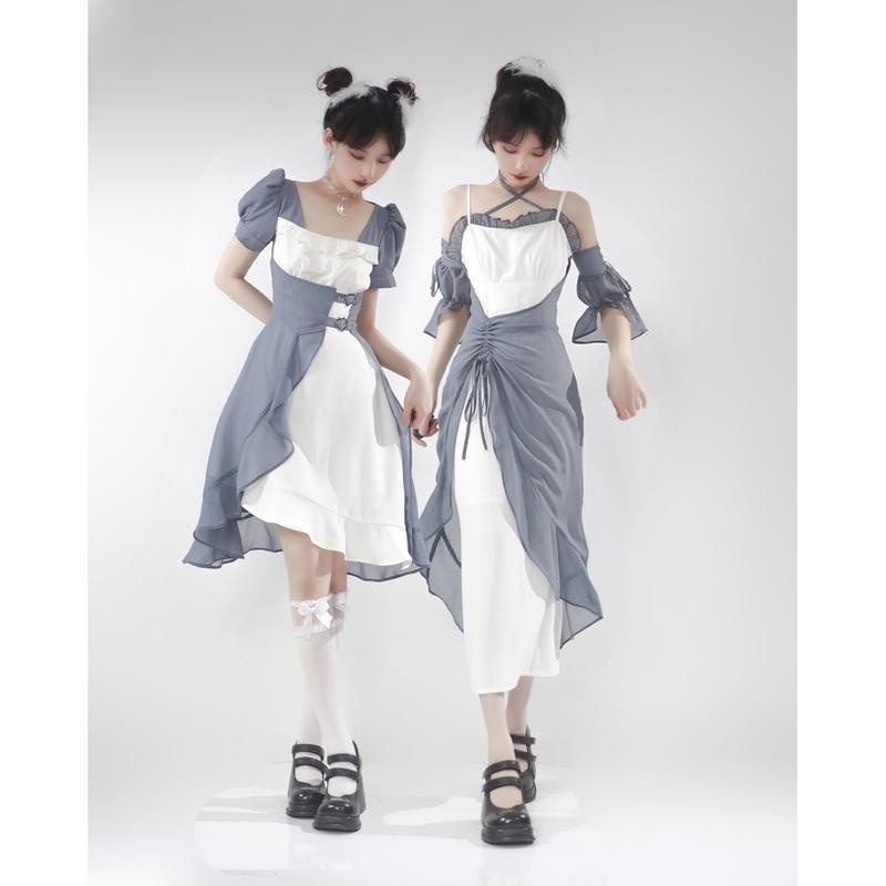 Đầm Mùa Hè  Mới 2022 Tay Áo Xếp Nếp Màu Xanh Ngọc Bích Và Trắng Dành Cho Bạn Gái ins