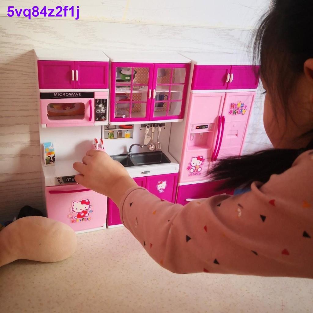 ☑Bộ đồ chơi nhà bếp Hello Kitty Mô phỏng dành cho trẻ em Tủ lạnh nấu ăn mini Lò vi sóng Xiaoling dùng Cô gái