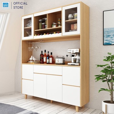 [Chỉ giao lắp tại TP.HCM] Tủ Kệ Nhà Bếp Gỗ Để Đồ Nhiều Ngăn Đa Năng, Có Ngăn Để Vang Và Giá Treo Ly SIB Decor KG29