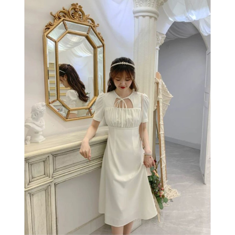 Đầm midi dress trắng dự tiệc nơ cổ tiểu thư ULZZANG xinh xỉu | WebRaoVat - webraovat.net.vn