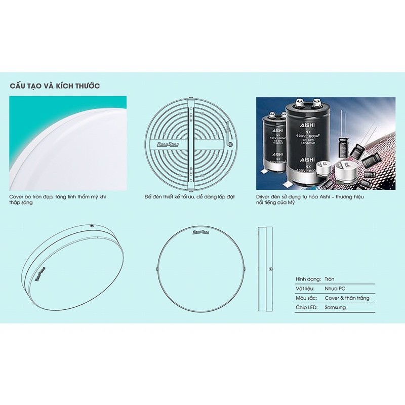 Đèn LED Ốp trần ánh sáng trắng 15W, 22W, 30W tràn viền rạng đông LN12 ĐẾ NHÔM