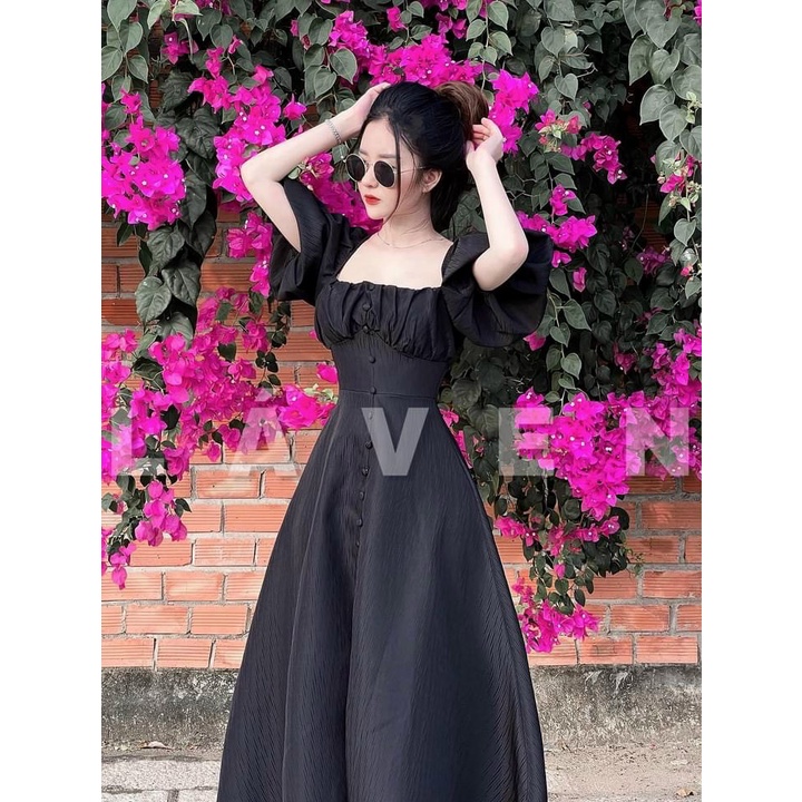 Đầm maxi đi biển tay phồng (Có mút ngực) phối hàng nút sang chảnh đa dạng màu sắc (Đen, Xanh, Nâu, Đỏ).