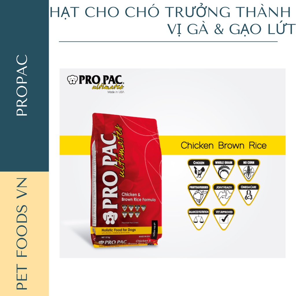 Hạt cho chó trưởng thành PROPAC Chicken &amp; Brown Rice 12kg vị Gà &amp; Gạo Lứt