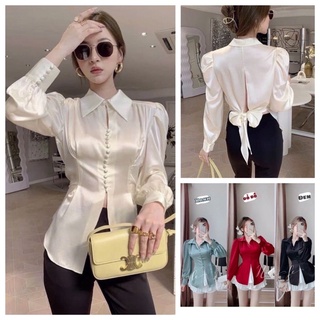 Áo kiểu sơmi lụa cúc bọc buộc nơ sau