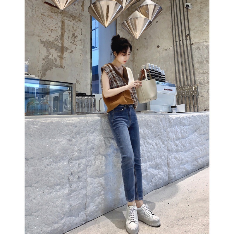 Áo len NZN không tay dáng rộng cổ chữ V họa tiết sọc caro 2 màu phong cách retro độc đáo